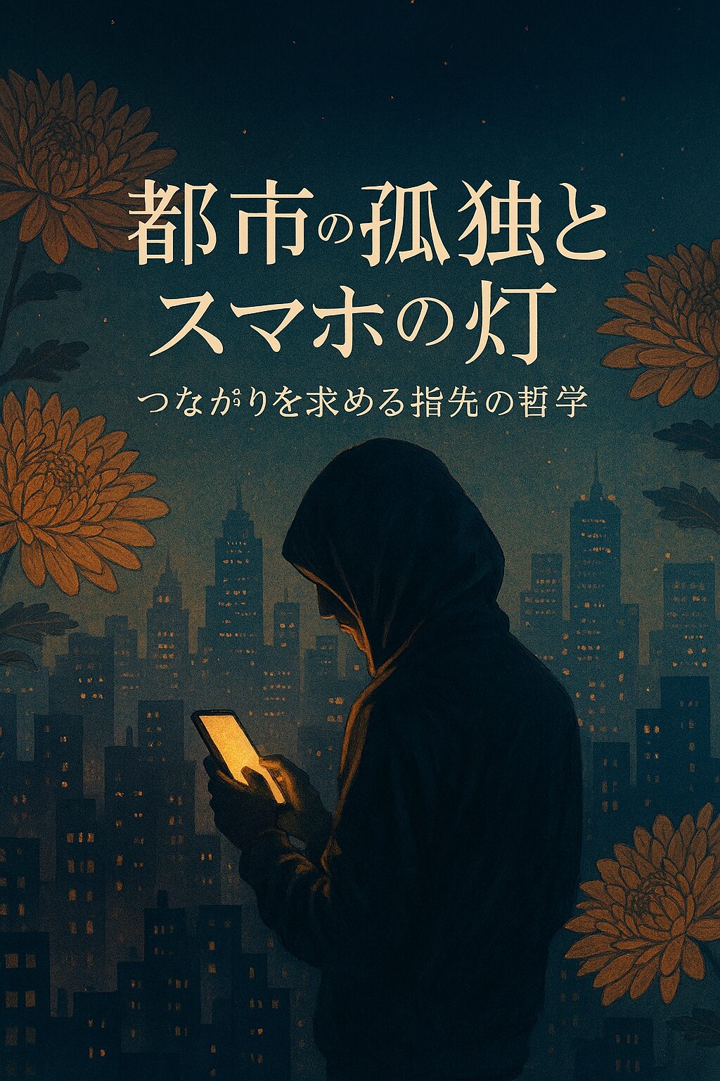 都市の夜にスマホの灯を見つめる人物と菊の花。孤独とつながりの象徴
